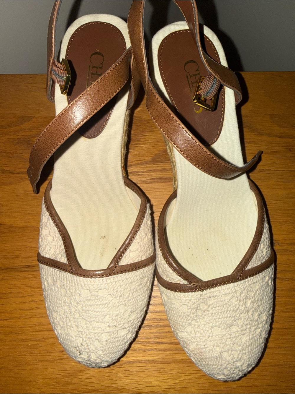 Chaps Cream and Brown Espadrille Slingback Wedges